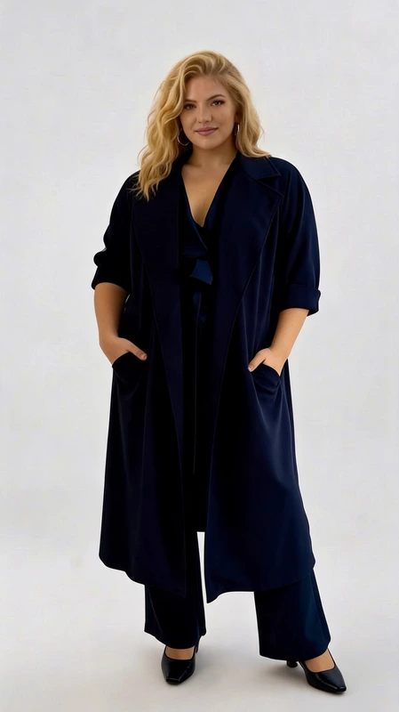 Plus size παλτό γυναικείο μακρύ, σε χρώμα σκούρο μπλε - PPS147 | Candiashop Boutique, Κομψό μακρύ παλτό σε βαθύ ναυτικό μπλε, ιδανικό για γυναίκες που αναζητούν στυλ και άνεση σε μεγαλύτερα μεγέθη. Το φαρδύ, ρέον σχέδιο χαρίζει μια αέρινη αίσθηση, ενώ οι αναδιπλωμένες μανσέτες στα τρία-τέταρτα μανίκια προσθέτουν μια διακριτική λεπτομέρεια. Διαθέτει πρακτικές πλαϊνές τσέπες για μικροαντικείμενα και άνετη εφαρμογή που κολακεύει κάθε σιλουέτα. Αυτό το παλτό μπορεί να φορεθεί ανοιχτό για μια χαλαρή εμφάνιση ή με ζώνη για πιο δομημένο αποτέλεσμα. Συνδυάζεται τέλεια με παντελόνια, φορέματα ή φούστες στο ίδιο χρώμα για ένα μονοχρωματικό σύνολο που εντυπωσιάζει. Ιδανικό για επαγγελματικές συναντήσεις, βραδινές εξόδους ή καθημερινές περιστάσεις που απαιτούν κομψότητα. Το ανθεκτικό ύφασμα εξασφαλίζει διαχρονική χρήση, ενώ η minimal αισθητική του το καθιστά απαραίτητο κομμάτι για κάθε γκαρνταρόμπα. Απογειώστε την εμφάνισή σας με αυτό το κομψό παλτό που συνδυάζει στυλ και λειτουργικότητα.