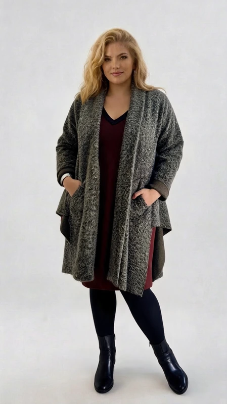 Plus size παλτό γυναικείο μακρύ, σε χρώμα χακί - PPS146 | Candiashop Boutique, Αυτό το κομψό γυναικείο παλτό σε απόχρωση γκρι μελανζέ αποτελεί την ιδανική επιλογή για τις κρύες μέρες του χειμώνα. Με φαρδιά γραμμή που κολακεύει κάθε σωματότυπο, προσφέρει άνεση και στυλ χωρίς συμβιβασμούς. Το πλεκτό υφαντό του υλικό δημιουργεί μια ενδιαφέρουσα υφή, ενώ ο φαρδύς γιακάς που πέφτει χαλαρά προσθέτει μια νότα κομψότητας. Διαθέτει πρακτικές πλαϊνές τσέπες για τα απαραίτητα αντικείμενά σας και την προστασία των χεριών σας από το κρύο. Το μήκος του που φτάνει κάτω από το γόνατο προσφέρει επιπλέον ζεστασιά, ενώ η ανοιχτή σχεδίαση μπροστά επιτρέπει πολλαπλούς τρόπους styling. Συνδυάζεται υπέροχα με τζιν, κολάν ή φορέματα, ενώ ταιριάζει τέλεια με μπότες ή μποτάκια για ένα ολοκληρωμένο χειμερινό look. Ιδανικό για καθημερινές εξόδους, βόλτες στην πόλη ή ακόμα και για πιο επίσημες περιστάσεις, αυτό το παλτό θα γίνει το αγαπημένο σας κομμάτι για πολλές σεζόν. Η διαχρονική του γραμμή και το ουδέτερο χρώμα το καθιστούν μια επένδυση που δεν θα περάσει ποτέ από τη μόδα.