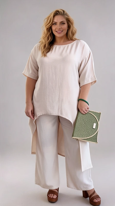 Plus size set γυναικείο, ελαστικό, εκρού με ασύμμετρη γυναικεία μπλούζα και παντελόνα.
