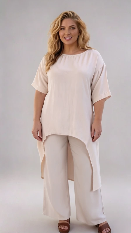 Σετ γυναικείο plus size, ελαστικό, εκρού με ασύμμετρη γυναικεία μπλούζα και παντελόνα - SET086 | Candiashop Boutique, Plus size set γυναικείο, ελαστικό, εκρού με ασύμμετρη γυναικεία μπλούζα και παντελόνα.