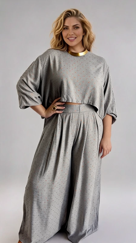 Plus size set γυναικείο, ελαστικό, με γκρι γυναικεία μπλούζα κροπ τοπ και παντελόνα.