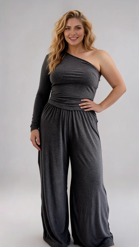 Plus size set γυναικείο, ελαστικό, γκρι με μπλούζα με έναν ώμο συνδυασμένο με ψηλόμεση παντελόνα.