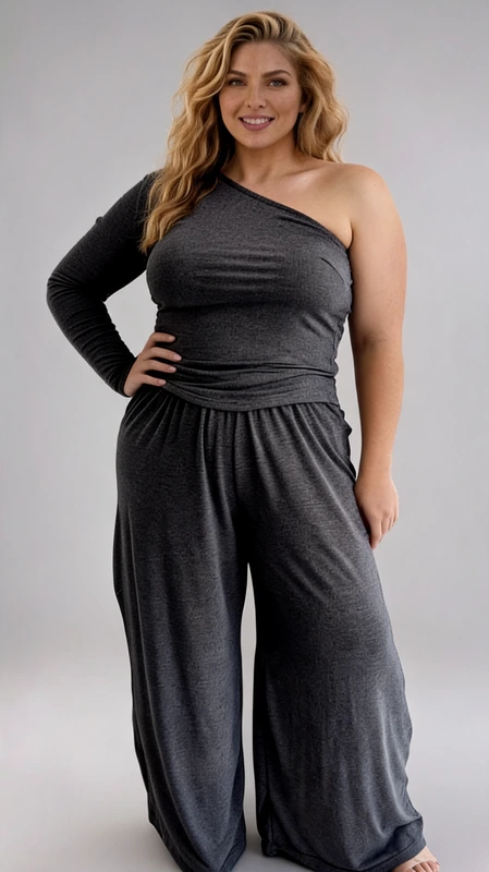 Σετ γυναικείο plus size, ελαστικό, με γκρι γυναικεία μπλούζα με έναν ώμο και παντελόνα - SET081 | Candiashop Boutique, Plus size set γυναικείο, ελαστικό, γκρι με μπλούζα με έναν ώμο συνδυασμένο με ψηλόμεση παντελόνα.