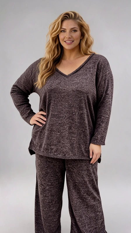 Σετ γυναικείο plus size, ελαστικό, με καφέ γυναικεία μπλούζα και πατελόνι - SET075 | Candiashop Boutique, Σετ γυναικείο plus size, ελαστικό, καφέ με γυναικεία μπλούζα ασύμμετρη συνοδεύεται με πατελόνα.