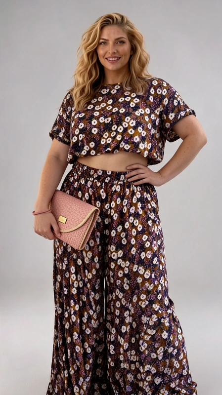 Plus size set γυναικείο, ελαστικό, με καφέ φλοράλ γυναικεία μπλούζα κροπ τοπ και παντελόνα.