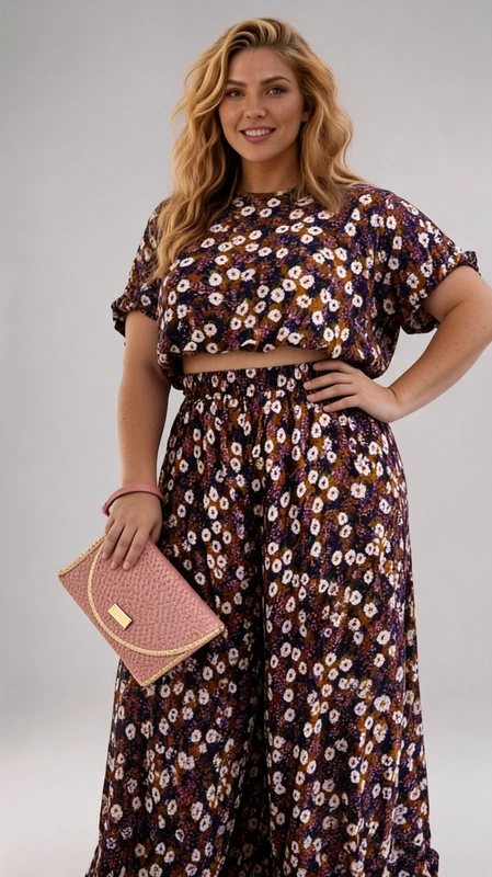 Σετ γυναικείο plus size, ελαστικό, με καφέ φλοράλ γυναικεία μπλούζα κροπ τοπ και παντελόνα - SET098 | Candiashop Boutique, Plus size set γυναικείο, ελαστικό, με καφέ φλοράλ γυναικεία μπλούζα κροπ τοπ και παντελόνα.