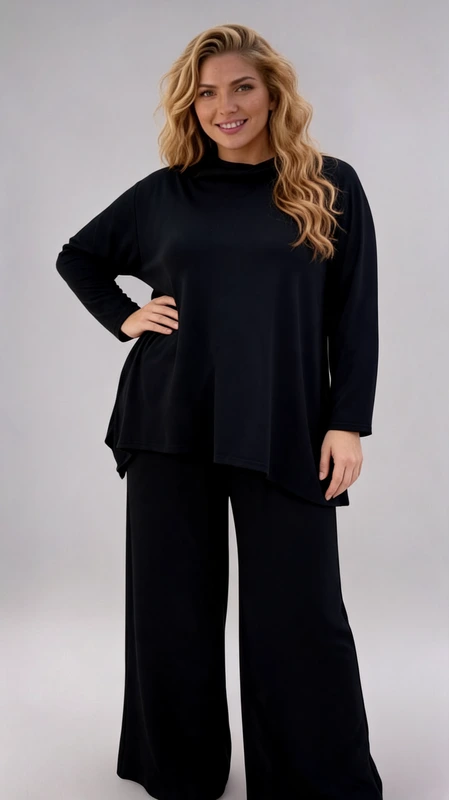 Σετ γυναικείο plus size, ελαστικό, με μαύρο γυναικεία μπλούζα και πατελόνι - SET077 | Candiashop Boutique, Σετ γυναικείο plus size, ελαστικό, μαύρο με γυναικεία μπλούζα ασύμμετρη που συνοδεύεται με πατελόνα.