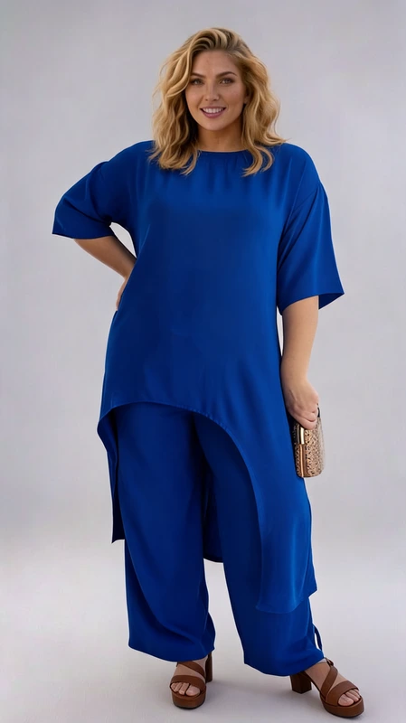 Σετ γυναικείο plus size, ελαστικό, με ασύμμετρη μπλε γυναικεία μπλούζα και παντελόνα - SET087 | Candiashop Boutique, Plus size set γυναικείο, ελαστικό, με ασύμμετρη μπλε γυναικεία μπλούζα και παντελόνα.