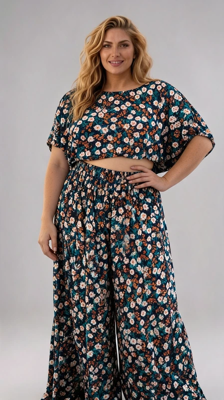 Plus size set γυναικείο, ελαστικό, με μπλε φλοράλ γυναικεία μπλούζα κροπ τοπ και παντελόνα.