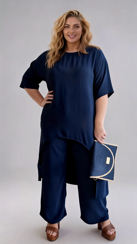 Plus size set γυναικείο, ελαστικό, με ασύμμετρη μπλε ρουά γυναικεία μπλούζα και παντελόνα.