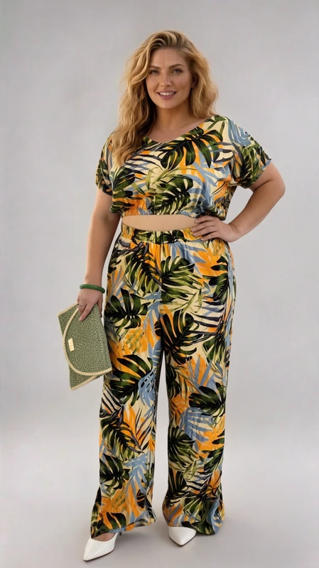 Plus size set γυναικείο, με πράσινο φλοράλ κροπ τοπ γυναικείο και φλοράλ ψηλόμεση παντελόνα.