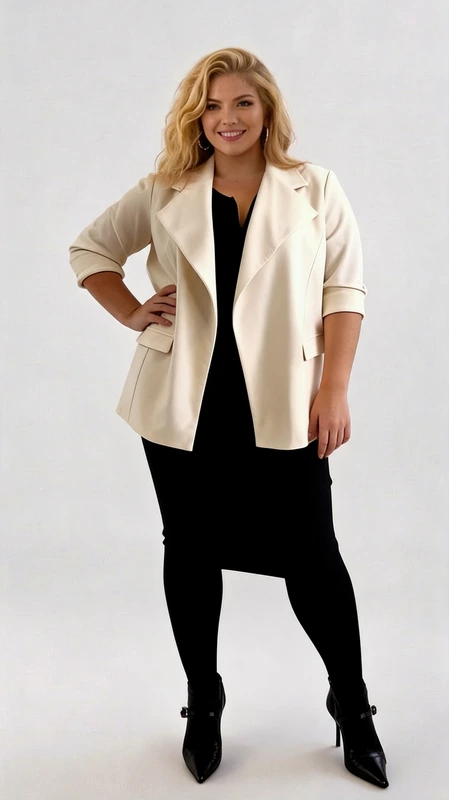 Plus size ζακέτα γυναικεία εκρού - ZPS194 | Candiashop Boutique, Κομψό γυναικείο σακάκι σε απαλό εκρού χρώμα, ιδανικό για κάθε περίσταση. Το μοντέρνο αυτό κομμάτι διαθέτει κλασική γραμμή με φαρδύ πέτο και χαλαρή εφαρμογή που κολακεύει τη σιλουέτα. Τα μανίκια τριών τετάρτων με αναδιπλωμένες μανσέτες προσθέτουν μια διακριτική λεπτομέρεια στιλ, ενώ οι πλαϊνές τσέπες συνδυάζουν λειτουργικότητα και κομψότητα. Το σακάκι είναι ιδανικό για επαγγελματικές εμφανίσεις, επίσημες εξόδους ή καθημερινές περιστάσεις που απαιτούν μια πινελιά κομψότητας. Συνδυάζεται τέλεια με μαύρα παντελόνια ή φούστες όπως στην εικόνα, αλλά και με τζιν για πιο casual εμφανίσεις. Η ελαφρώς φαρδιά γραμμή του το καθιστά άνετο για όλη την ημέρα, ενώ το κομψό του στιλ μπορεί να αναβαθμίσει οποιοδήποτε outfit. Η υψηλής ποιότητας κατασκευή του εξασφαλίζει διαχρονικότητα, καθιστώντας το ένα απαραίτητο κομμάτι για κάθε γυναικεία γκαρνταρόμπα.