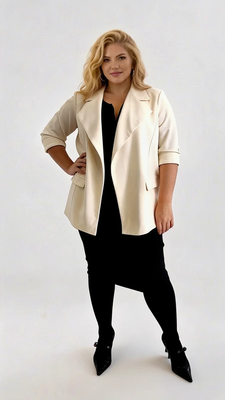 Plus size ζακέτα γυναικεία εκρού - ZPS194 | Candiashop Boutique, Κομψό γυναικείο σακάκι σε απαλό εκρού χρώμα, ιδανικό για κάθε περίσταση. Το μοντέρνο αυτό κομμάτι διαθέτει κλασική γραμμή με φαρδύ πέτο και χαλαρή εφαρμογή που κολακεύει τη σιλουέτα. Τα μανίκια τριών τετάρτων με αναδιπλωμένες μανσέτες προσθέτουν μια διακριτική λεπτομέρεια στιλ, ενώ οι πλαϊνές τσέπες συνδυάζουν λειτουργικότητα και κομψότητα. Το σακάκι είναι ιδανικό για επαγγελματικές εμφανίσεις, επίσημες εξόδους ή καθημερινές περιστάσεις που απαιτούν μια πινελιά κομψότητας. Συνδυάζεται τέλεια με μαύρα παντελόνια ή φούστες όπως στην εικόνα, αλλά και με τζιν για πιο casual εμφανίσεις. Η ελαφρώς φαρδιά γραμμή του το καθιστά άνετο για όλη την ημέρα, ενώ το κομψό του στιλ μπορεί να αναβαθμίσει οποιοδήποτε outfit. Η υψηλής ποιότητας κατασκευή του εξασφαλίζει διαχρονικότητα, καθιστώντας το ένα απαραίτητο κομμάτι για κάθε γυναικεία γκαρνταρόμπα.