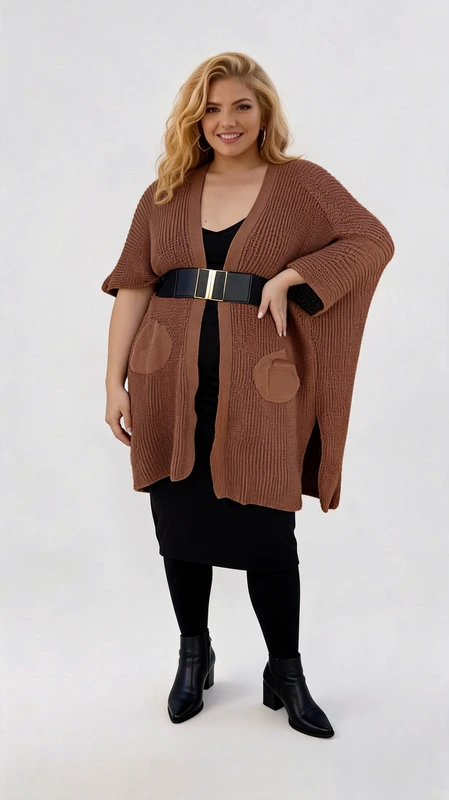 Plus size ζακέτα καζάκα γυναικεία καφέ πλεκτή. Κατάλληλη για όλες τις εποχές!