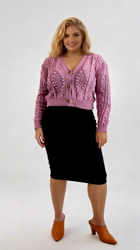 Plus size ζακέτα γυναικεία κοντή πλεκτή σε χρώμα λιλά, κροπ, κλείνει με κουμπιά. Ελαφριά και πολύ στυλάτη!