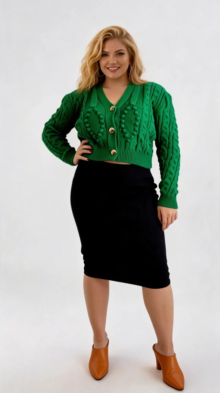 Plus size ζακέτα γυναικεία κοντή πλεκτή σε χρώμα πράσινο, κροπ, κλείνει με κουμπιά. Ελαφριά και πολύ στυλάτη!
