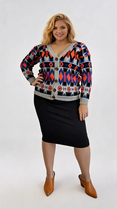 Plus size ζακέτα γυναικεία μάλλινη κλασική σε χρώμα μπλε πορτοκαλί, κλείνει με κουμπιά. Ελαφριά και πολύ στυλάτη!