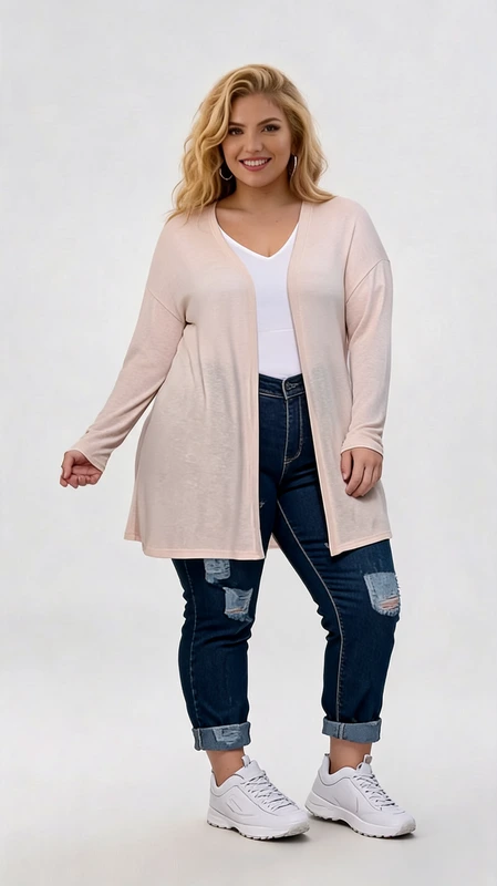Plus size ροζ ζακέτα γυναικεία μακριά, σε ίσια γραμμή. Αποτελείται από πολύ λεπτό πλεκτό, ελαφρύ και πολύ στυλάτο!