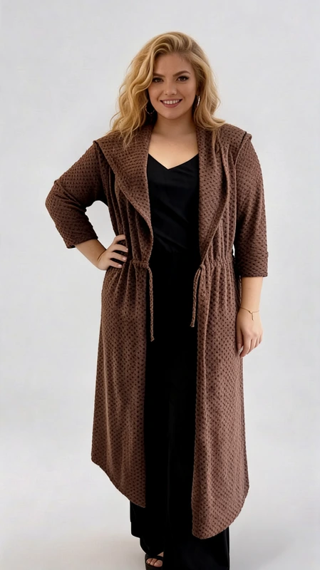Plus size ζακέτα γυναικεία καφέ μάλλινη μακριά μεσάτη. Ιδανικός συνδυασμός με τζιν ψηλόμεση παντελόνα.