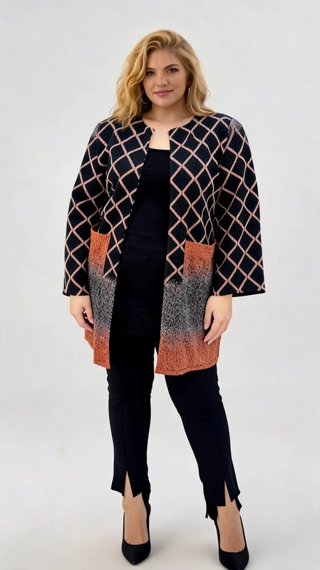 Plus size ζακέτα γυναικεία μεσάτη μαύρη με καφέ - ΖPS128 | Candiashop Boutique, Plus size ζακέτα γυναικεία μεσάτη σε μαύρο χρώμα με καφέ τελείωμα και γκρι. Κατάλληλη για όλες τις εποχές!