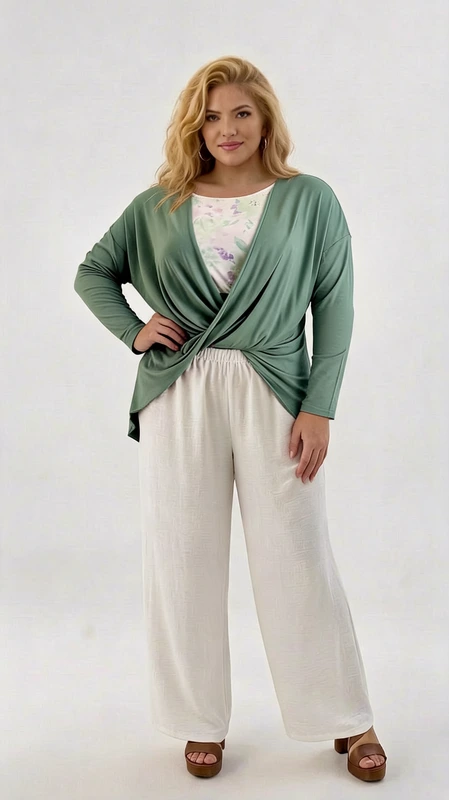Plus size ζακέτα γυναικεία πράσινη - ZPS189 | Candiashop Boutique, Αυτή η κομψή ζακέτα σε απαλό χρώμα σμαραγδί προσφέρει μια μοντέρνα πινελιά στην καθημερινή σας γκαρνταρόμπα. Με έναν μοναδικό σχεδιασμό που δημιουργεί ένα εντυπωσιακό εφέ συστροφής στο μπροστινό μέρος, η ζακέτα αγκαλιάζει το σώμα με χάρη και κολακεύει κάθε σιλουέτα. Κατασκευασμένη από μαλακό, ελαστικό ύφασμα που προσφέρει άνεση όλη την ημέρα, διαθέτει φαρδιά μανίκια και χαλαρή εφαρμογή που προσδίδει αέρα πολυτέλειας στο ντύσιμό σας. Συνδυάζεται τέλεια με λευκά φαρδιά παντελόνια όπως στην εικόνα, αλλά είναι εξίσου εντυπωσιακή με τζιν, φούστες ή φορέματα. Ιδανική για το γραφείο, για καθημερινές εξόδους ή για απογευματινούς καφέδες με φίλους. Η πολυμορφικότητά της σας επιτρέπει να τη φορέσετε πάνω από μπλούζες με μοτίβα ή μονόχρωμες για διαφορετικά look. Το μήκος της καλύπτει τους γοφούς προσφέροντας μια κολακευτική σιλουέτα, ενώ η ποιότητα του υφάσματος εξασφαλίζει ότι θα διατηρήσει το σχήμα της ακόμα και μετά από πολλές χρήσεις.