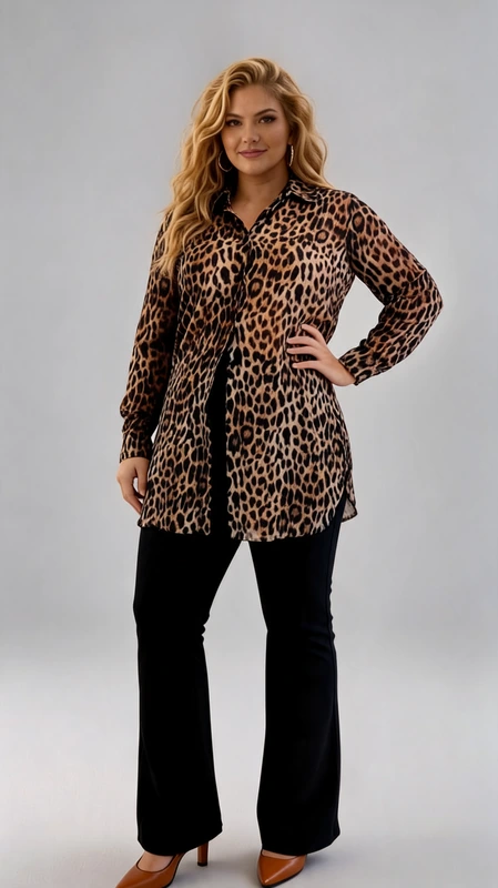 Πουκαμίσα γυναικεία animal print - PKG180 | Candiashop Boutique, Αυτή η εντυπωσιακή πουκαμίσα με λεοπάρ μοτίβο αποτελεί την τέλεια προσθήκη στη γκαρνταρόμπα κάθε γυναίκας με καμπύλες. Σε αποχρώσεις καφέ ταμπά και μαύρου, το κλασικό ζωικό μοτίβο προσδίδει μια αίσθηση πολυτέλειας και διαχρονικού στυλ. Το μήκος της είναι ιδανικό, καθώς καλύπτει τους γοφούς για κολακευτική εφαρμογή, ενώ τα μακριά μανίκια την καθιστούν ιδανική για όλες τις εποχές. Η πουκαμίσα διαθέτει κλασικό γιακά και κουμπιά στο μπροστινό μέρος, επιτρέποντας ευελιξία στο στυλιζάρισμα - φορέστε την κλειστή για επίσημες περιστάσεις ή ανοιχτή πάνω από ένα τοπ για πιο χαλαρό look. Συνδυάζεται υπέροχα με μαύρο παντελόνι όπως στην εικόνα, αλλά και με τζιν ή φούστα. Το ελαφρύ, ρέον ύφασμα χαρίζει άνεση και κομψότητα, ενώ το statement μοτίβο θα σας κάνει να ξεχωρίζετε σε κάθε περίσταση, από το γραφείο μέχρι τις βραδινές εξόδους. Η ευρύχωρη γραμμή της κολακεύει κάθε σωματότυπο, προσφέροντας στυλ χωρίς συμβιβασμούς στην άνεση.