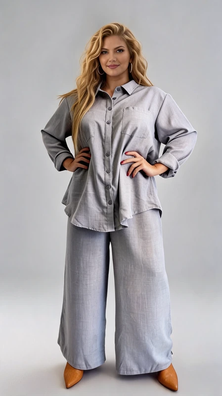 Πουκαμίσα γυναικεία μακριά γκρί plus size - PKG141 | Candiashop Boutique, Κομψό σύνολο σε απαλό γκρι-γαλάζιο, αποτελούμενο από φαρδύ πουκάμισο και παντελόνι σε στυλ παλάτσο. Το πουκάμισο διαθέτει κλασικό γιακά, μακριά φαρδιά μανίκια και κουμπιά στο μπροστινό μέρος, προσφέροντας άνετη εφαρμογή που κολακεύει κάθε σωματότυπο. Το παντελόνι με την ευρύχωρη γραμμή είναι ιδανικό για άνεση όλη μέρα, ενώ δημιουργεί μια κομψή σιλουέτα. Το σύνολο είναι κατασκευασμένο από υψηλής ποιότητας ύφασμα με λινή υφή που αναπνέει, καθιστώντας το ιδανικό για επαγγελματικές συναντήσεις, απογευματινές εξόδους ή κομψές περιστάσεις. Συνδυάζεται υπέροχα με μποτάκια σε ταμπά απόχρωση όπως εικονίζεται, αλλά και με πέδιλα το καλοκαίρι ή κομψά αξεσουάρ για πιο επίσημες περιστάσεις. Η διαχρονική του γραμμή και το ουδέτερο χρώμα το καθιστούν βασικό κομμάτι για κάθε γυναικεία γκαρνταρόμπα που αναζητά την ισορροπία μεταξύ κομψότητας και άνεσης.