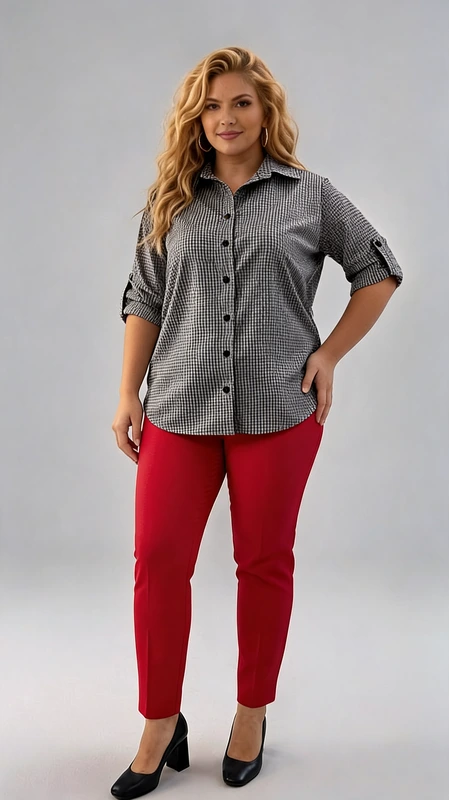 Αυτή η κομψή γυναικεία πουκαμίσα plus size σε ασπρόμαυρο καρό μοτίβο αποτελεί την ιδανική προσθήκη στη γκαρνταρόμπα κάθε γυναίκας. Το διαχρονικό vichy μοτίβο προσφέρει μια κλασική αισθητική που δεν περνάει ποτέ από τη μόδα. Κατασκευασμένη από υψηλής ποιότητας ύφασμα, η πουκαμίσα διαθέτει κουμπιά σε μαύρο χρώμα που δημιουργούν όμορφη αντίθεση με το καρό σχέδιο. Τα μανίκια της είναι σχεδιασμένα με δυνατότητα αναδίπλωσης και στερέωσης με θηλύκι, προσφέροντας ευελιξία στο στυλ ανάλογα με την περίσταση και την εποχή. Η άνετη γραμμή της επιτρέπει ελευθερία κινήσεων, ενώ η κομψή της εμφάνιση την καθιστά ιδανική τόσο για επαγγελματικά περιβάλλοντα όσο και για καθημερινές εξορμήσεις. Συνδυάζεται τέλεια με μαύρο παντελόνι όπως στην εικόνα, αλλά και με τζιν ή φούστες σε διάφορα χρώματα. Ιδανική για όλες τις εποχές, αυτή η πουκαμίσα αποτελεί ένα πολυμορφικό κομμάτι που μπορεί να μεταμορφωθεί από καθημερινό σε επίσημο ανάλογα με τα αξεσουάρ που θα επιλέξετε.