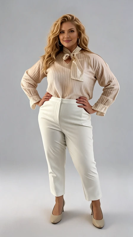 Κομψή γυναικεία πουκαμίσα plus size σε αμμώδες μπεζ χρώμα με λεπτές κάθετες ρίγες σε ανοιχτό χρυσοκίτρινο τόνο, που της προσδίδουν έναν αέρα εκλέπτυνσης και στυλ. Η ημιδιάφανη υφή της υφασμένης ύλης της δίνει μια ελαφριά, θηλυκή αίσθηση, ενώ η γραμμή της είναι χαλαρή και άνετη, ιδανική για γυναίκες με καμπύλες. Το ιδιαίτερο χαρακτηριστικό της είναι ο δεσμός\u002Dφιόγκος στο λαιμό, που δημιουργεί έναν ρομαντικό και εκλεπτυσμένο τόνο. Τα μακριά μανίκια με ελαφρώς φαρδιά τελείωμα στους καρπούς συμπληρώνουν αρμονικά το σύνολο, ενώ η μπροστινή τσέπη προσθέτει μια πρακτική λεπτομέρεια. Μπορεί να φορεθεί με λευκό ψηλόμεσο παντελόνι για ένα επαγγελματικό look, αλλά και με τζιν ή κλος φούστα για πιο casual εμφανίσεις. Κατάλληλη για το γραφείο, επαγγελματικές συναντήσεις ή βραδινές εξόδους, αυτή η πουκαμίσα συνδυάζει άνεση και κομψότητα με τον πιο γοητευτικό τρόπο.