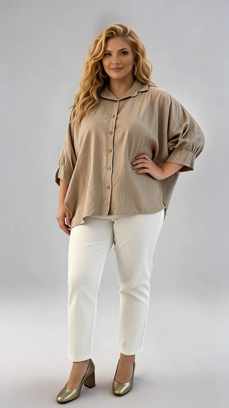 Η γυναικεία πουκαμίσα plus size σε κομψή αμμουδί\u002Dμπεζ απόχρωση είναι η ιδανική επιλογή για κάθε γυναίκα που αναζητά στυλ και άνεση σε ένα και μόνο κομμάτι. Η ευρύχωρη, oversize γραμμή της εξασφαλίζει μέγιστη άνεση, ενώ η ελαφριά, ρευστή ύφανση του υφάσματος της προσδίδει μια αέρινη και κομψή αίσθηση. Διαθέτει κλασικό γιακά πουκαμίσου, κουμπιά στο μπροστινό μέρος και χαρακτηριστικά μανίκια τρία τέταρτα με ελαφρά μάζεμα στο τελείωμα, που προσθέτουν έναν ρομαντικό τόνο στο σύνολο. Το κοντό κόψιμο στο τελείωμα το καθιστά ιδιαίτερα κομψό και εύκολο να συνδυαστεί. Μπορεί να φορεθεί με λευκό παντελόνι για ένα φρέσκο, καλοκαιρινό look, όπως φαίνεται στην εικόνα, αλλά και με τζιν ή κολάν για πιο casual εμφανίσεις. Κατάλληλο για ημερήσιες εξόδους, επαγγελματικά ραντεβού ή χαλαρές βόλτες, αυτό το κομμάτι θα αναβαθμίσει άμεσα κάθε γκαρνταρόμπα plus size.