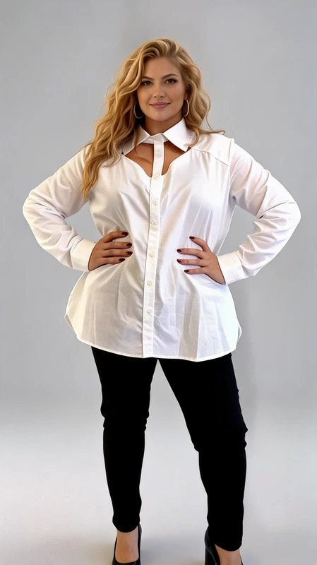 Πουκαμίσα γυναικεία μακριά λευκό plus size - PKG143 | Candiashop Boutique, Κομψή λευκή πουκαμίσα με μοναδικό σχεδιασμό γιακά που προσφέρει μια διακριτική αλλά εντυπωσιακή λεπτομέρεια στο ντύσιμό σας. Κατασκευασμένη από υψηλής ποιότητας βαμβακερό ύφασμα, αυτή η πουκαμίσα συνδυάζει την άνεση με το στυλ, επιτρέποντάς σας να την φοράτε άνετα όλη την ημέρα. Ο χαλαρός σχεδιασμός της προσφέρει κολακευτική εφαρμογή σε όλους τους σωματότυπους, ενώ το λευκό χρώμα της την καθιστά εύκολη στο συνδυασμό με οποιοδήποτε ρούχο της γκαρνταρόμπας σας. Ιδανική τόσο για επαγγελματικές συναντήσεις όσο και για καθημερινές εξόδους, μπορεί να φορεθεί με κομψό παντελόνι όπως φαίνεται στην εικόνα, αλλά και με τζιν, φούστες ή ακόμα και πάνω από φορέματα για μια πιο στιλάτη εμφάνιση. Τα κουμπιά στο μπροστινό μέρος και οι μακριές μανσέτες προσθέτουν μια κλασική πινελιά, ενώ το ιδιαίτερο κόψιμο στο γιακά δημιουργεί μια μοντέρνα αίσθηση που θα τραβήξει τα βλέμματα. Πλένεται εύκολα και διατηρεί το σχήμα της ακόμα και μετά από πολλές χρήσεις.
