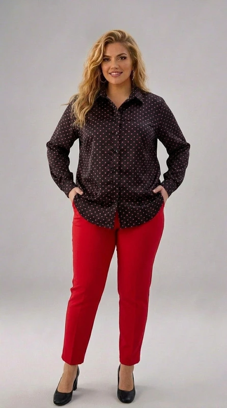 Η γυναικεία πουκαμίσα plus size αποτελεί μια κομψή και διαχρονική επιλογή για κάθε γυναίκα που αγαπά το στυλ χωρίς συμβιβασμούς. Σε βαθύ μαύρο χρώμα με μικρά κόκκινα πουά, το σχέδιό της αναδίδει μια παιχνιδιάρικη αλλά εκλεπτυσμένη αίσθηση. Η φαρδιά, άνετη εφαρμογή της εξασφαλίζει άνεση καθ\u0027 όλη τη διάρκεια της ημέρας, ενώ το κλασικό γιακαδάκι και τα μακριά μανίκια της προσδίδουν έναν επίσημο χαρακτήρα. Το μήκος της πουκαμίσας είναι ελαφρώς παρατεταμένο, ιδανικό για να φορεθεί εκτός παντελονιού, δημιουργώντας μια αδύνατη γραμμή. Μπορεί να συνδυαστεί με κόκκινο ή μαύρο παντελόνι, φούστα ή τζιν για ένα casual chic αποτέλεσμα. Είναι κατάλληλη τόσο για επαγγελματικές εμφανίσεις όσο και για καθημερινές εξόδους, ενώ με τα κατάλληλα αξεσουάρ μπορεί να μετατραπεί σε βραδινή επιλογή. Ιδανική για γυναίκες που αναζητούν κομψότητα και άνεση σε μεγαλύτερα νούμερα.