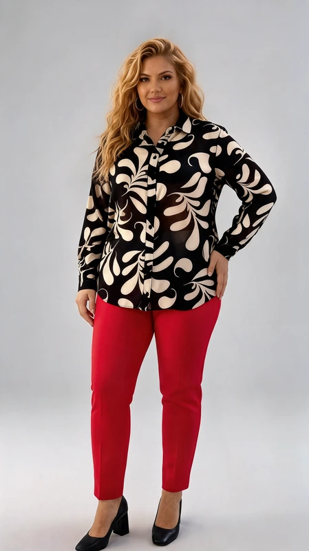 Εντυπωσιακή γυναικεία πουκαμίσα plus size με έντολο γραφικό μοτίβο σε μαύρο και εκρού χρώμα, που αποπνέει στυλ και αυτοπεποίθηση. Το τολμηρό σχέδιο με αφηρημένα φυτικά μοτίβα και καμπύλες φόρμες δημιουργεί μια μοντέρνα, καλλιτεχνική αισθητική που ξεχωρίζει. Η γραμμή της είναι χαλαρή και άνετη, με μακριά μανίκια και κλασικό γιακά πουκαμίσου, ενώ το μήκος της πέφτει κάτω από τη μέση, προσφέροντας κομψή κάλυψη. Το ύφασμά της φαίνεται ελαφρύ και ρέον, ιδανικό για καθημερινή χρήση αλλά και για πιο επίσημες περιστάσεις. Μπορεί να φορεθεί με λευκό ή μαύρο παντελόνι για ένα αρμονικό σύνολο, καθώς και με τζιν ή φούστα για πιο casual εμφανίσεις. Ταιριάζει τέλεια με χαμηλά μποτάκια ή γόβες, ανάλογα με την περίσταση. Ιδανική επιλογή για γυναίκες που αναζητούν ένδυμα που συνδυάζει άνεση, στυλ και θηλυκότητα σε μεγαλύτερα νούμερα.