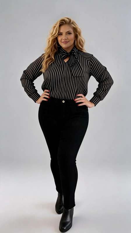 Κομψή γυναικεία πουκαμίσα plus size σε μαύρο χρώμα με λεπτές λευκές κάθετες ρίγες, που αποπνέει έναν διαχρονικό και εκλεπτυσμένο χαρακτήρα. Το εντυπωσιακό της στοιχείο είναι ο φιόγκος στο λαιμό, που προσδίδει έναν ρομαντικό και θηλυκό τόνο στο σύνολο, ενώ ταυτόχρονα δίνει μια chic, επαγγελματική αίσθηση. Οι μακριές μανσέτες μανίκια με κουμπιά ολοκληρώνουν την κλασική γραμμή του κομματιού. Η εφαρμογή της είναι ελαφρώς εφαρμοστή, τονίζοντας κολακευτικά τις καμπύλες, ενώ το ύφασμά της φαίνεται ελαφρύ και άνετο για καθημερινή χρήση. Μπορεί να φορεθεί με μαύρο ψηλόμεσο παντελόνι για ένα ολοκληρωμένο επαγγελματικό look, αλλά και με τζιν ή κλος φούστα για μια πιο casual εμφάνιση. Ιδανική για το γραφείο, επίσημα γεύματα ή βραδινές εξόδους, αυτή η πουκαμίσα αποτελεί ένα must\u002Dhave κομμάτι για κάθε γυναίκα που αγαπά τον κλασικό, διαχρονικό στυλ με μια πινελιά ρομαντισμού.