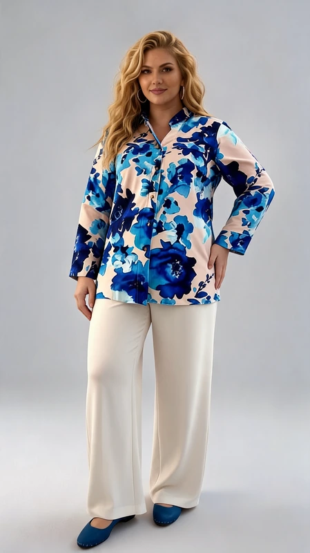 Μια εντυπωσιακή γυναικεία πουκαμίσα plus size που συνδυάζει στυλ και άνεση με τον πιο κομψό τρόπο. Το κύριο χρώμα της είναι εκρού, με ένα ζωντανό floral μοτίβο σε αποχρώσεις του ρουά μπλε, γαλάζιου και σκούρου ναυτικού μπλε, που δημιουργεί μια δυναμική και θηλυκή αισθητική. Τα μεγάλα λουλουδάτα σχέδια σε ακουαρέλα στυλ προσδίδουν μια καλλιτεχνική πινελιά, κάνοντας κάθε εμφάνιση να ξεχωρίζει. Η κοπή είναι ευρύχωρη και άνετη, με μακριά μανίκια που μπορούν να διπλωθούν για πιο casual look, κλασικό γιακά πουκαμίσου και κουμπιά στο μπροστινό μέρος. Το μήκος της πέφτει κάτω από τη μέση, προσφέροντας κομψή κάλυψη. Μπορεί να φορεθεί με λευκό παντελόνι καμπάνα για ένα ολοκληρωμένο σύνολο, όπως φαίνεται στη φωτογραφία, αλλά και με τζιν ή κολάν για πιο καθημερινές εμφανίσεις. Ιδανική για επαγγελματικές συναντήσεις, καλοκαιρινές εξόδους ή ημερήσιες δραστηριότητες, αυτή η πουκαμίσα είναι η τέλεια επιλογή για τη σύγχρονη γυναίκα που αγαπά τη μόδα χωρίς συμβιβασμούς στην άνεση.
