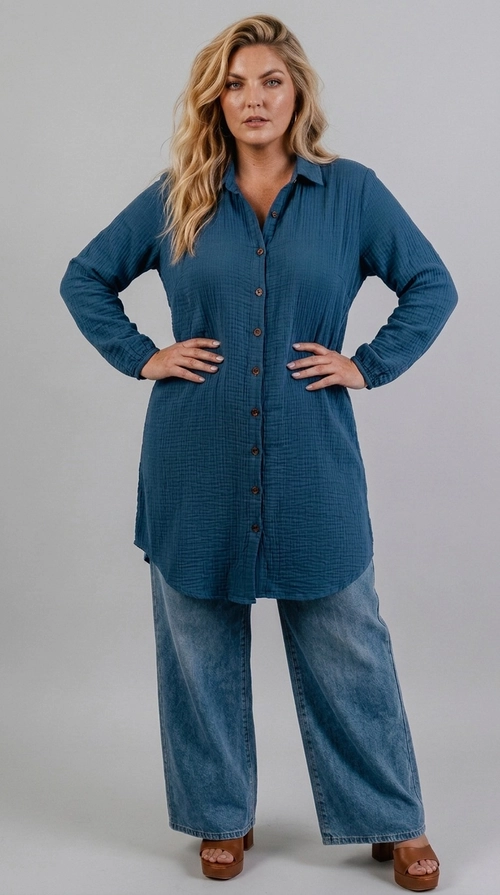Αυτή η υπέροχη γυναικεία πουκαμίσα plus size σε βαθύ πετρόλ χρώμα αποτελεί την ιδανική επιλογή για κάθε σύγχρονη γυναίκα που αναζητά στυλ και άνεση. Κατασκευασμένη από υφασμένο μουσελίνα με ανάγλυφη υφή, προσφέρει μια ελαφριά και αέρινη αίσθηση καθ\u0027 όλη τη διάρκεια της ημέρας. Η μακριά γραμμή της, που φτάνει μέχρι τους μηρούς, σε συνδυασμό με τις μακριές μανίκες και τα κουμπιά σε καφέ απόχρωση, δημιουργούν ένα κομψό και εκλεπτυσμένο αποτέλεσμα. Ο κλασικός γιακάς και η ελαφρώς καμπυλωτή στρογγυλεμένη πλαϊνή τομή στο τελείωμα προσδίδουν έναν casual\u002Dchic χαρακτήρα που ταιριάζει σε πολλές περιστάσεις. Μπορεί να φορεθεί με φαρδύ τζιν παντελόνι σε γαλάζια απόχρωση για ένα relaxed καθημερινό look, ή να συνδυαστεί με κολάν για έναν πιο άνετο τόνο. Ιδανική για βόλτες, εξόδους με φίλους ή ακόμα και για ένα casual γραφείο, η πουκαμίσα αυτή είναι must\u002Dhave κομμάτι για κάθε γκαρνταρόμπα plus size.