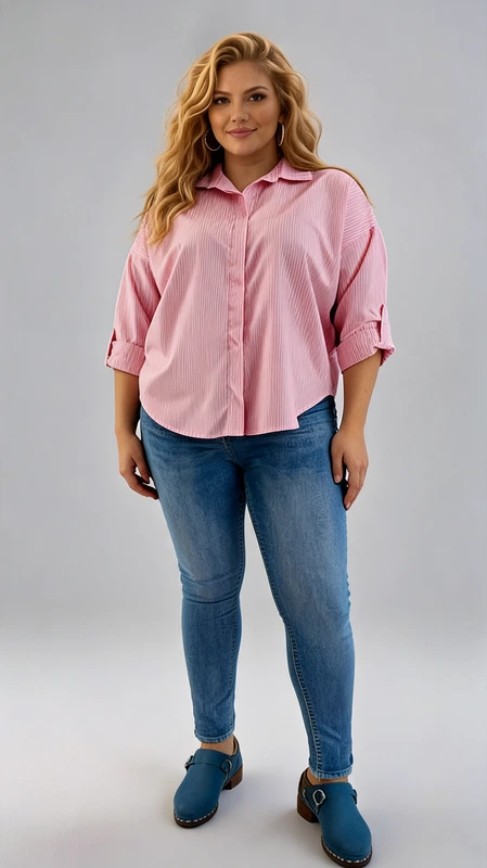 Ανακαλύψτε τη νέα μας γυναικεία πουκαμίσα plus size, που συνδυάζει κομψότητα και άνεση σε ένα μοναδικό σχέδιο. Το ριγέ μοτίβο σε ροζ και λευκό χρώμα προσδίδει έναν δροσερό και θηλυκό χαρακτήρα, ενώ η oversized γραμμή της εξασφαλίζει άνετη εφαρμογή που κολακεύει κάθε σιλουέτα. Διαθέτει κλασικό γιακά πουκαμίσου και κουμπιά στο μπροστινό μέρος, ενώ τα μανίκια τριών τετάρτων με διπλωμένο τελείωμα προσθέτουν έναν casual\u002Dchic αέρα. Το κοντό κόψιμο στο τελείωμα το καθιστά ιδανικό για να φορεθεί με ψηλόμεσο παντελόνι ή τζιν, όπως φαίνεται και στη φωτογραφία. Κατάλληλο για καθημερινές εξόδους, επαγγελματικές συναντήσεις ή χαλαρές βόλτες, αυτό το πουκαμίσο αποτελεί must\u002Dhave κομμάτι για κάθε γκαρνταρόμπα. Συνδυάστε το με ανοιχτό μπλε τζιν και mules για ένα ολοκληρωμένο και μοντέρνο σύνολο που θα σας κάνει να ξεχωρίζετε.