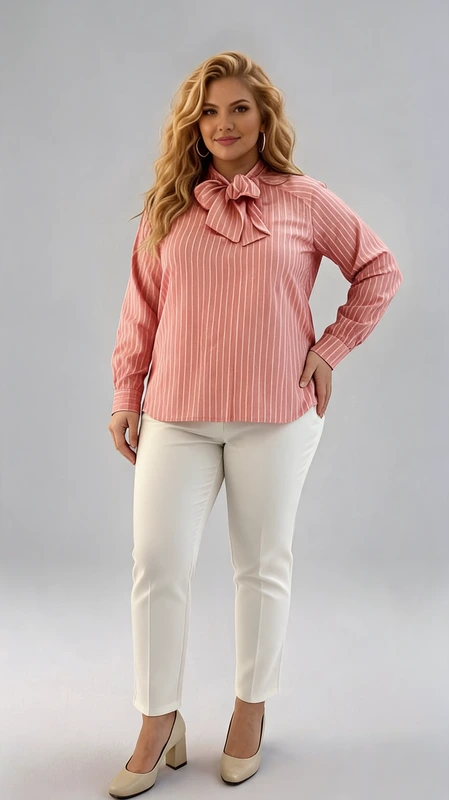 Κομψή γυναικεία πουκαμίσα plus size σε ροζ\u002Dσάπιο μήλο απόχρωση με λεπτές κάθετες ρίγες σε ανοιχτότερη απόχρωση, που προσδίδουν ένα εκλεπτυσμένο και αδυνατιστικό αποτέλεσμα. Το πιο εντυπωσιακό χαρακτηριστικό της είναι ο φιόγκος στο λαιμό, που δίνει έναν ρομαντικό και θηλυκό τόνο στο σύνολο. Οι μακριές μανσέτες μανίκια με κουμπιά στον καρπό συμπληρώνουν την κλασική της γραμμή, ενώ η χαλαρή εφαρμογή εξασφαλίζει άνεση καθ\u0027 όλη τη διάρκεια της ημέρας. Ιδανική για επαγγελματικές και ημιεπίσημες περιστάσεις, μπορεί να συνδυαστεί τέλεια με λευκό ή κρεμ παντελόνι, όπως φαίνεται στην εικόνα, αλλά και με σκούρο παντελόνι ή φούστα για ένα πιο δυναμικό look. Η ρίγα και ο φιόγκος τη καθιστούν ευέλικτη επιλογή που μεταβαίνει εύκολα από το γραφείο σε έναν επίσημο δείπνο. Μια διαχρονική επιλογή που αναδεικνύει τη θηλυκότητα και την κομψότητα κάθε γυναίκας.