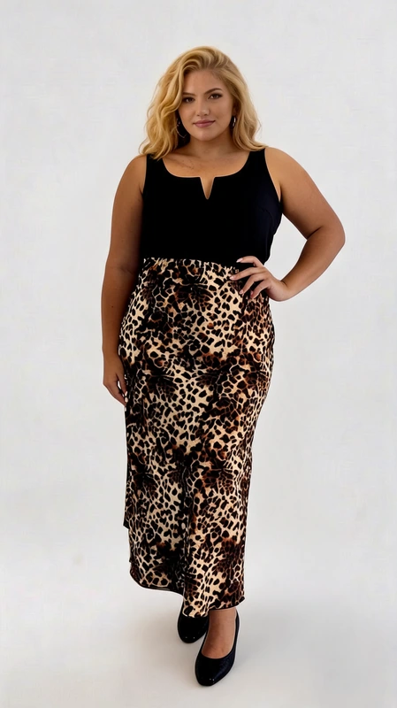 Ψηλόμεση φούστα animal print με λάστιχο στη μέση plus size - FPS145 | Candiashop Boutique, Αυτή η εντυπωσιακή φούστα συνδυάζει κομψότητα και τολμηρό στυλ για γυναίκες που αγαπούν τις ξεχωριστές εμφανίσεις. Το ζωηρό λεοπάρ μοτίβο σε αποχρώσεις μπεζ, καφέ και μαύρου, εντυπωσιάζει, προσφέροντας μια εξωτική πινελιά στο σύνολο. Η φαρδιά γραμμή της φούστας εξασφαλίζει άνεση και κολακεύει όλους τους σωματότυπους, ενώ το ψηλόμεσο σχέδιο τονίζει τη σιλουέτα με τον πιο κολακευτικό τρόπο. Ιδανική για βραδινές εξόδους, επίσημες περιστάσεις ή ακόμα και για το γραφείο όταν συνδυαστεί με ένα κομψό σακάκι. Φορέστε την με ψηλοτάκουνα παπούτσια για μια εμφάνιση που θα τραβήξει όλα τα βλέμματα, ή με κομψά μποτάκια για πιο casual περιστάσεις. Διατίθεται σε διάφορα μεγέθη για να ταιριάζει σε κάθε σωματότυπο.