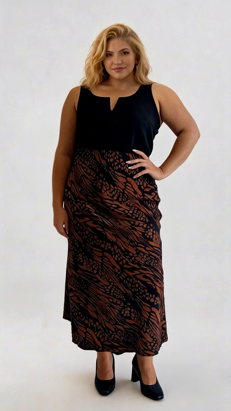 Ψηλόμεση φούστα animal print με λάστιχο στη μέση plus size - FPS147 | Candiashop Boutique, Κομψή φούστα με μοναδικό σχεδιασμό δύο τόνων που αναδεικνύει θηλυκά τη σιλουέτα. Η φούστα διαθέτει εντυπωσιακό μοτίβο σε αποχρώσεις καφέ-τερακότα και μαύρου με animal print σχέδιο που θυμίζει τίγρη, δημιουργώντας μια εξωτική αίσθηση. Έχει μήκος μέχρι τον αστράγαλο και η άνετη γραμμή της κολακεύει κάθε σωματότυπο. Ιδανική για βραδινές εξόδους, επίσημες περιστάσεις ή ακόμα και για το γραφείο όταν συνδυαστεί με ένα κομψό σακάκι. Φορέστε το με μαύρες γόβες για μια κομψή εμφάνιση ή με μποτάκια για πιο casual look.