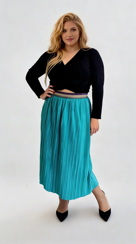 Plus size φούστα μίντι ψηλόμεση γαλάζια πλισέ - FPS134 | Candiashop Boutique, Ψηλόμεση φούστα μίντι γαλάζια πλισέ απο μαλακή βισκόζη χωρίς φόδρα. Ιδανική για να κλέψετε τις εντυπώσεις!