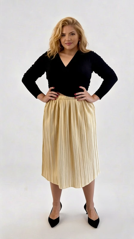 Plus size φούστα μίντι ψηλόμεση πλισέ χρυσή - FPS137 | Candiashop Boutique, Ψηλόμεση φούστα μίντι πλισέ χρυσή. Ιδανική για να κλέψετε τις εντυπώσεις!