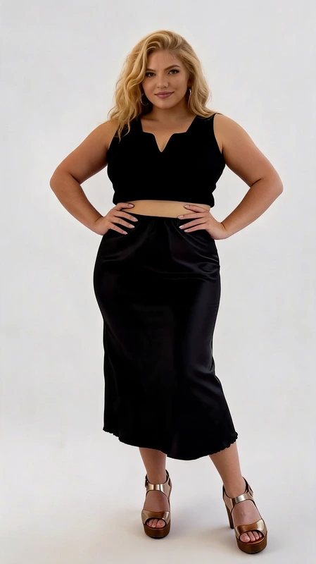 Plus size φούστα μαύρη με λάστιχο στη μέση - FPS139 | Candiashop Boutique, Αυτό το κομψό σύνολο σε μαύρο χρώμα αποτελεί την ιδανική επιλογή για γάμους, βαπτίσεις και άλλες επίσημες εκδηλώσεις. Το σετ αποτελείται από ένα μοντέρνο crop top με ιδιαίτερο σχεδιασμό στο ντεκολτέ τύπου V και μια εντυπωσιακή φούστα μεσαίου μήκους που αγκαλιάζει τις καμπύλες με κολακευτικό τρόπο. Η φούστα έχει φαρδιά γραμμή και ρέει κομψά μέχρι τη μέση της γάμπας, προσφέροντας άνεση και στυλ. Το βαθύ μαύρο χρώμα του συνόλου είναι διαχρονικό και εύκολο να συνδυαστεί, ενώ η κομψή σιλουέτα του αναδεικνύει τη θηλυκότητα σε κάθε σωματότυπο. Μπορεί να φορεθεί με ψηλοτάκουνα πέδιλα όπως φαίνεται στην εικόνα, ενώ συνδυάζεται υπέροχα με κοσμήματα σε χρυσές ή ασημένιες αποχρώσεις. Το αμάνικο top επιτρέπει την προσθήκη ενός κομψού ζακέτ ή στολή για τις βραδινές ώρες. Ιδανικό για plus size σιλουέτες, αυτό το σύνολο συνδυάζει την κομψότητα με την άνεση, καθιστώντας το απαραίτητο κομμάτι για κάθε επίσημη περίσταση στην γκαρνταρόμπα σας.