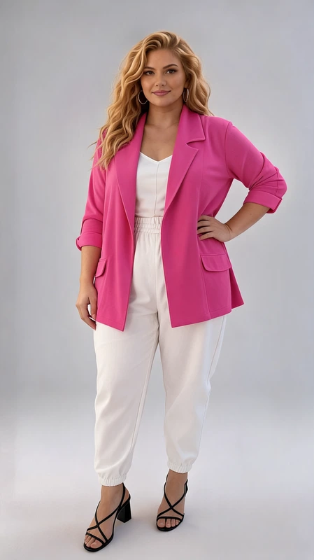 Σακάκι γυναικείο plus size σε χρώμα φούξια. Σε κλασική γραμμή, ελαστικό χωρίς φόδρα ώστε να είναι ακόμη πιο άνετο και βολικό. Ιδανικό για όλες τις εποχές!