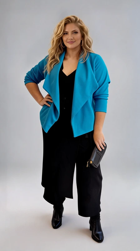 Σακάκι γυναικείο plus size γαλάζιο από ύφασμα σκούμπα ελαστικό με εντυπωσιακό ασύμμετρο γιακά. Ζεστό, μαλακό και ελαστικό. Ιδανικό να φορεθεί όλες τις εποχές!