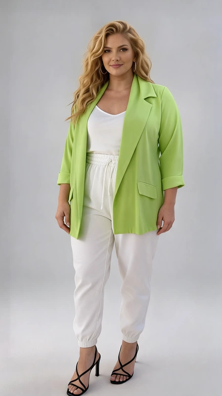 Σακάκι γυναικείο plus size σε χρώμα λαχανί. Σε κλασική γραμμή, ελαστικό χωρίς φόδρα ώστε να είναι ακόμη πιο άνετο και βολικό. Ιδανικό για όλες τις εποχές!