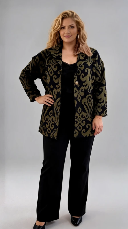 Σακάκι γυναικείο plus size χακί μαύρο από μπροκάρ ύφασμα με εντυπωσιακό μοτίβο. Ιδανικό για όλες τις ώρες για μια ξεχωριστή εμφάνιση.