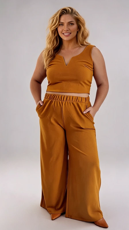 Σετ παντελόνι και μπλούζα μουσταρδί - SET125 | Candiashop Boutique, Αυτό το κομψό σετ σε ζεστή ώχρα αποτελεί την ιδανική προσθήκη στη γκαρνταρόμπα σας για όλες τις εποχές. Το σύνολο περιλαμβάνει ένα αμάνικο crop top με ιδιαίτερο τελείωμα σε σχήμα V στο ντεκολτέ, προσφέροντας μια θηλυκή πινελιά στο σχέδιο. Η φαρδιά παντελόνα με ελαστική μέση εξασφαλίζει άνεση και στιλ, ενώ οι πλαϊνές τσέπες προσθέτουν πρακτικότητα στο κομμάτι. Το υλικό με την απαλή υφή αγκαλιάζει το σώμα χαρίζοντας μια κολακευτική σιλουέτα, ενώ το μελένιο-ταμπά χρώμα προσθέτει ζεστασιά και ταιριάζει εύκολα με διαφορετικά αξεσουάρ. Ιδανικό για καθημερινές εμφανίσεις αλλά και για βραδινές εξόδους, μπορεί να συνδυαστεί με λευκά sneakers για μια casual εμφάνιση ή με ψηλοτάκουνα πέδιλα για πιο επίσημες περιστάσεις. Η χαλαρή γραμμή του παντελονιού προσφέρει ελευθερία κινήσεων, ενώ το σύνολο αποπνέει μια διαχρονική κομψότητα που δεν περνά απαρατήρητη.
