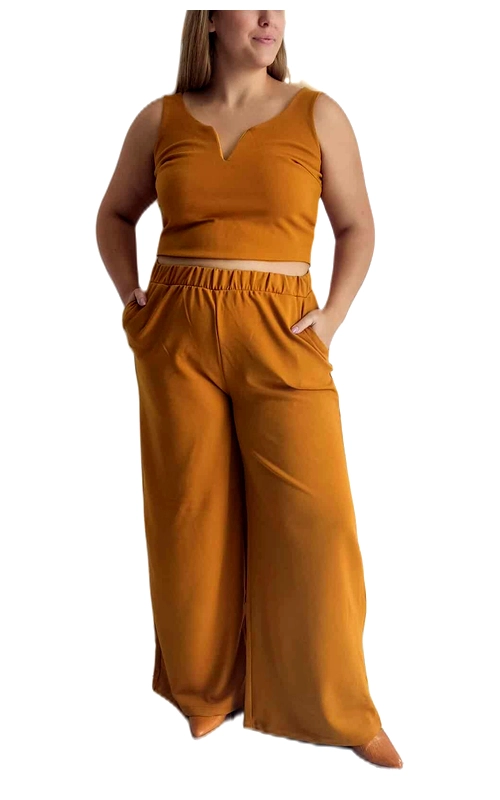 Αυτό το κομψό σετ σε ζεστή ώχρα αποτελεί την ιδανική προσθήκη στη γκαρνταρόμπα σας για όλες τις εποχές. Το σύνολο περιλαμβάνει ένα αμάνικο crop top με ιδιαίτερο τελείωμα σε σχήμα V στο ντεκολτέ, προσφέροντας μια θηλυκή πινελιά στο σχέδιο. Η φαρδιά παντελόνα με ελαστική μέση εξασφαλίζει άνεση και στιλ, ενώ οι πλαϊνές τσέπες προσθέτουν πρακτικότητα στο κομμάτι. Το υλικό με την απαλή υφή αγκαλιάζει το σώμα χαρίζοντας μια κολακευτική σιλουέτα, ενώ το μελένιο\u002Dταμπά χρώμα προσθέτει ζεστασιά και ταιριάζει εύκολα με διαφορετικά αξεσουάρ. Ιδανικό για καθημερινές εμφανίσεις αλλά και για βραδινές εξόδους, μπορεί να συνδυαστεί με λευκά sneakers για μια casual εμφάνιση ή με ψηλοτάκουνα πέδιλα για πιο επίσημες περιστάσεις. Η χαλαρή γραμμή του παντελονιού προσφέρει ελευθερία κινήσεων, ενώ το σύνολο αποπνέει μια διαχρονική κομψότητα που δεν περνά απαρατήρητη.