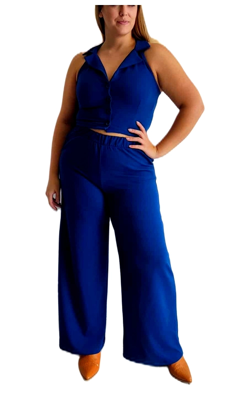 Κομψό σετ δύο τεμαχίων σε λαμπερό βασιλικό μπλε, ιδανικό για την αυτοπεποίθητη γυναίκα που αγαπά τη μοντέρνα εμφάνιση. Το σύνολο περιλαμβάνει ένα στιλάτο αμάνικο τοπ με γιακά και κουμπιά, που αναδεικνύει τη σιλουέτα αφήνοντας μια διακριτική λωρίδα δέρματος ορατή. Συνδυάζεται με φαρδιά παντελόνα που προσφέρει άνεση και κομψότητα, με ελαστική μέση για τέλεια εφαρμογή σε κάθε σωματότυπο. Το έντονο μπλε χρώμα είναι ευέλικτο και μπορεί να φορεθεί τόσο την ημέρα όσο και το βράδυ, ενώ συνδυάζεται υπέροχα με χρυσά αξεσουάρ και υποδήματα σε γήινους τόνους, όπως τα ταμπά μποτάκια που φαίνονται στην εικόνα. Το σετ είναι κατασκευασμένο από υψηλής ποιότητας ύφασμα που ρέει όμορφα, προσφέροντας κίνηση και κολακευτική εφαρμογή. Ιδανική επιλογή για βραδινές εξόδους, κοκτέιλ πάρτι ή ακόμα και για μια κομψή εμφάνιση στο γραφείο όταν συνδυάζεται με ένα κομψό σακάκι.